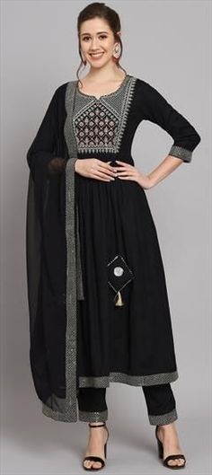 Black and Grey color Salwar Kameez in Rayon fabric with Embroidered, Resham, Thread work Black Zari Work Dress For Celebrations, Festive Black Celebration Dress, Black Semi-stitched Dress For Celebration, Black Dress With Resham Embroidery For Celebration, Fitted Black Anarkali Set For Celebration, Elegant Black Kurta For Celebration, Black Anarkali Unstitched Suit For Navratri, Black Unstitched Suit With Dupatta For Navratri, Black Semi-stitched Dupatta For Diwali