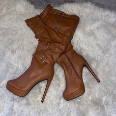 Knee High Tan Boots New Never Worn Chic Brown Synthetic Heeled Boots, Chic Brown Heeled Boots With Buckle Closure, Knee-high Heels With Buckle Closure For Fall, Brown Boots For Night Out In Spring, Chic Brown Boots For Night Out, Chic Brown Fitted Platform Boots, Chic Tall Brown Boots, Brown Round Toe Heeled Boots For Night Out, Brown Heeled Boots With Round Toe For Night Out