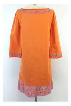 Size 6 Orange & Pink Embellished Tunic Dress Body 97% Cotton 3% Other Fibers Beaded waist Embroidered details Neck tie Cropped sleeves Shoulder to Hem 35.5" Fitted Cotton Dress With Cutwork Hem, Casual Long Sleeve Dress With Cutwork Hem, Cotton Long Sleeve Dresses With Cutwork Hem, Orange Long Sleeve Shift Dress, Long Sleeve Stretch Dress With Lace Trim, Stretch Long Sleeve Dress With Lace Trim, Long Sleeve Dresses With Lace Trim And Stretch, Cotton Dress With Embroidered Hem For Fall, Fitted Orange Cotton Dress