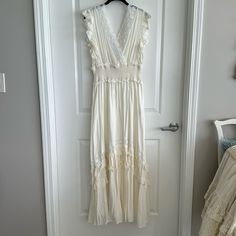 Beautiful Smocked, Waist Lace, Trim, Maxi Dress From Boston Proper New Without Tags Ivory Size Small White V-neck Smocked Dress With Smocked Back, Elegant Cream Smocked Dress For Spring, Elegant Smocked Dress With Lace Trim For Spring, White Maxi Dress With Smocked Back For Daywear, Elegant Cream Smocked Summer Dress, Elegant Cream Smocked Dress For Summer, Cream Maxi Dress With Smocked Back, White Smocked Dress With Lace Trim For Spring, White Smocked Dress With Lace Trim For Daywear