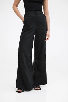 Black Linen High-Waisted Wide Leg Trouser - Runa Pants | Marcella Modern Wide Leg Pants With Loosely Fitted Hips, Modern Wide Leg Pants For Summer Formal Occasions, Modern Wide Leg Pants For Summer Formal Events, Modern Formal Wide Leg Pants For Summer, Modern High-waisted Linen Wide Leg Pants, Chic Linen Wide Leg Pants With Loosely Fitted Hips, Modern Linen Wide Leg Pants For Workwear, Modern Tailored Wide Leg Bottoms, Chic Full Length Linen Pants