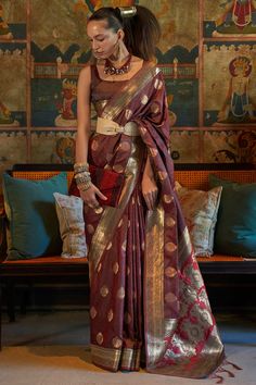 Buy Brown Art Silk Paisley Design Saree Online Burgundy Weave, Blue Silk Saree, Purple Weave, Kanjivaram Sarees Silk, Purple Saree, Art Silk Sarees, Kanjivaram Sarees, Latest Sarees, Stylish Sarees