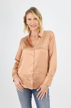 Step into refined elegance with our Silky Button Down Blouse. The luxurious fabric and timeless button-down style create a chic ensemble, perfect for making a lasting impression. Additional Information Style: Business, Casual, Classic, Fall, Minimalist, Semi-Formal Features: Button Up, Collared Occasion: Casual, Cocktail/Party, Date Night, Work Wear Length: Regular Neck Line: Collared Sleeve Type: Long Sleeve Pattern: Solid Material & Care Sheer: No Stretch: Non-Stretch Composition: 97% Polyeste Casual Cocktail Party, Style Business Casual, Night Work, Gold Blouse, Flannel Jacket, Silky Blouse, Curvy Dress, Button Down Blouse, Green Blouse