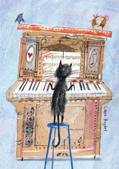 a drawing of a cat sitting on top of a stool next to an old piano