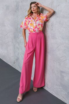 The Upscale Aura Woven Pants offer an elegant look with professional sophistication. Made with classic pleats, side pocket detailing and a wide leg opening, these trousers are perfect for any formal occasion. The solid woven design ensures maximum comfort and a timeless style. DetailsSelf : 100% Polyester Size & Fit- Model is 5`8" And Wearing Size Small- Measurements Taken From Size Small- Approx. Length: 45" Formal Summer Wide Leg Pants, Summer Formal Wide-leg Pants, Formal Wide-leg Summer Pants, Formal Summer Wide-leg Pants, Elegant Pink Office Bottoms, Pink Ankle-length Office Pants, Elegant Pink Ankle-length Pants, Wide Leg Dress Pants For Summer Formal Occasions, Formal Summer Wide Leg Pants With Pockets