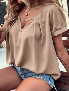 Pullover Short Sleeved Shirt V neck Elegant Graceful Office Shirt Top Women - Khaki,XL Shirts Style, Office Shirt, Cutout Top, White Lace Blouse, The Office Shirts, Oversized Blouse, Top Shirt Women, Summer Crop Tops, Trendy Fashion Outfits