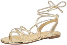 Gold Strappy Sandals For Summer, Gold Flat Heel Lace-up Sandals For Party, Gold Round Toe Lace-up Sandals For Vacation, Gold Lace-up Sandals With Round Toe For Vacation, Casual Flat Lace-up Sandals For Party, Casual Lace-up Flat Sandals For Party, Adjustable Flat Lace-up Sandals For Spring, Adjustable Lace-up Sandals For Summer, Gold Open-toe Lace-up Sandals For Party