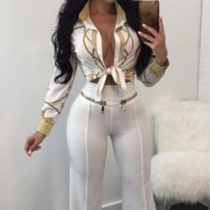 Gold N White Top White Blouse For Night Out In Fall, Casual White Blouse For Party, Casual White Party Blouse, Chic White Blouse For Night Out, White Blouse For Night Out In Spring, White Blouse For Spring Night Out, White Fashion Casual, Turndown Collar, Collar Top