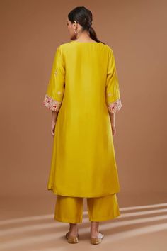 Mustard yellow kurta with gota patti embroidered neckline. Paired with a palazzo and dupatta. - Aza Fashions Kurta And Palazzo, Yellow Kurta, Kurta Pant Set, Embroidered Neckline, Kurta With Pants, Fashion App, Pant Set, Embroidered Silk, Set For Women