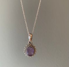 Dainty Sterling silver oval amethyst necklace Purple Gemstone Necklace With Oval Pendant, Purple Gemstone Oval Pendant Necklace, Oval Amethyst Birthstone Necklaces, Purple Oval Gemstone Necklace, Oval Lavender Gemstone Necklace, Purple Amethyst Oval Pendant Necklace, Oval Amethyst Necklace With Natural Stones, Oval Purple Necklaces With Natural Stones, Purple Birthstone Oval Pendant Necklace