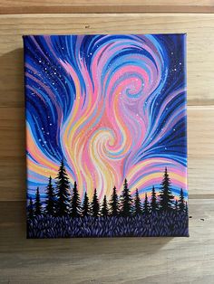 an acrylic painting of the night sky with stars and aurora bores in it