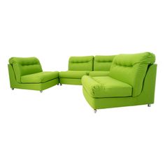 a green couch and chair sitting next to each other on top of a white floor