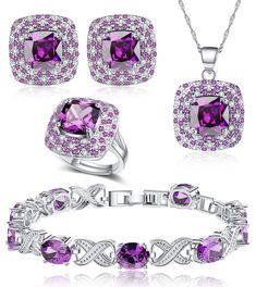 PRICES MAY VARY. 🔥WHY CHOOSE US:🔥This exquisite jewelry set features square-shaped accessories with sparkling purple zircon stones. The set includes a matching necklace, bracelet, and earrings,rings, all carefully crafted to elevate any outfit. Made with high-quality materials, this set is built to last and remain a staple in your jewelry collection for years to come.The set comes in a beautiful gift box, making it a perfect gift for yourself or someone special. 🔥OCCASION:🔥Jewelry set is sui Crystal Jewelry Gift For Her For Mother's Day, White Cubic Zirconia Bridal Sets For Party, Fine Jewelry Sets With Cubic Zirconia For Party, Cubic Zirconia Jewelry Sets For Party, Cubic Zirconia Jewelry Sets For Anniversary, Crystal Jewelry For Valentine's Day Gift For Her, Crystal Jewelry For Valentine's Day Gift, Crystal Jewelry Valentine's Day Gift For Her, Mother's Day Silver Crystal Jewelry Sets