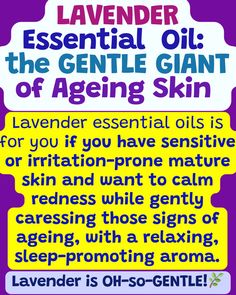 Text image with colorful background titled "LAVENDER Essential Oil: the GENTLE GIANT of Ageing Skin". It explains that lavender is ideal for sensitive, irritation-prone mature skin, calming redness and addressing signs of aging with a relaxing aroma. The bottom reads "Lavender is OH-so-GENTLE!" with a leaf emoji. Benefits Of Lavender, Lavender Benefits, Gentle Giant, Youthful Skin, Number 2