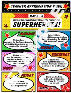 an advertisement for teacher appreciation week with comic style speech bubbles and stars on the back