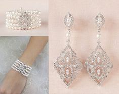 "This listing is for the MacKenzie Earrings and MacKenzie Bracelet. Matching hair comb sold separately. Matching Mackenzie jewelry: https://www.etsy.com/shop/CrystalCorridor?search_query=mackenzie Long, elegant and luxurious! I've created these earrings with Swarovski pearls and crystal. They exude luxury and elegance! This luxurious bridal bracelet is made with a crystal encrusted component and Swarovski pearls. It is 5 strands of absolute elegance! Bracelet measures 1.5\" wide - length will be Large Wedding Rings, Chandelier Wedding Earrings, Chandelier Wedding, Wedding Earrings Chandelier, Bracelet Matching, Diamond Chandelier Earrings, Wedding Chandelier, Crystal Chandelier Earrings, Bridal Jewelry Set