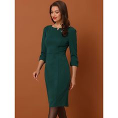 The dress is made of 95% polyester and 5% spandex, a combination that allows it to fit your curves nicely and give you a classy appearance. The draped cut and unique design create a playful yet elegant look, making it a must-have in your wardrobe. Its perfect midi-length shows off your legs beautifully without being too revealing, and the 3/4 sleeve design makes it suitable for all seasons. Fitted Bodycon Dress With 3/4 Sleeve For Work, Fitted Half Sleeve Midi Dress For Work, Fitted Midi Dress With Half Sleeve For Work, Formal Fitted Bodycon Dress With 3/4 Sleeve, Elegant Green Elastane Bodycon Dress, Formal Bodycon Dress With 3/4 Sleeves, Fitted Green Dress With 3/4 Length, Long Sleeve Elastane Bodycon Dress For Work, Fitted Half Sleeve Midi Dress For Office