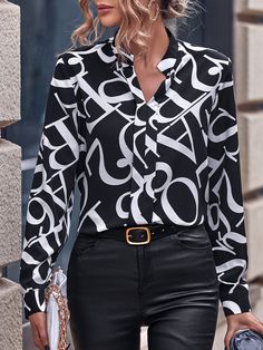 Blanco y Negro Casual Collar manga larga Tela tricotada Estampado Integral Top Embellished No-Elástico White Blouse Outfit, Stylish Business Outfits, Looks Pinterest, Fall Dress Outfit, Elegant Blouses, Black And White Blouse, Elegantes Outfit, Style Noir, Women Blouses