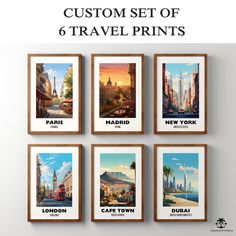 four framed pictures with the words custom set of 6 travel prints