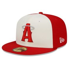 the los angeles angels new era 59fifty fitted hat is shown in red and white