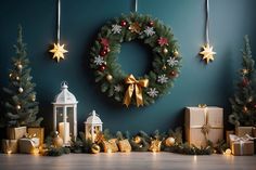 christmas decorations and presents are on the floor next to a blue wall with a wreath