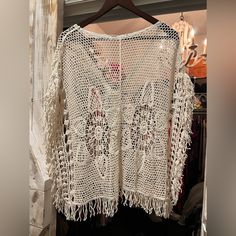 Beautiful Made Cream Crocheted Top With Detailing Down The Front And On V Neck. Can Fit Size Xs-Xl. I’m A Size L And I Still Have Some Room In It. Bohemian White Hollow Out Top, Bohemian Hollow Out Tops For Spring, V Neck Tops, One Size Fits All, All The Colors, Crochet Top, Womens Tops, V Neck, Cream