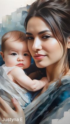 a painting of a woman holding a baby in her arms with the words justyna e on it