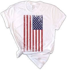 Summer Flag Print T-shirt With Relaxed Fit, Red Distressed Crew Neck T-shirt, White Americana Letter Print T-shirt, White American Flag T-shirt For Independence Day, White T-shirt With American Flag For Independence Day, Red Americana T-shirt With American Flag, White Cotton T-shirt With American Flag Print, American Style Pre-shrunk Short Sleeve Shirt, American Style Cotton T-shirt With Short Sleeves