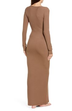 A classic everyday style, this square-neck maxi dress in ribbed stretch modal from Kim Kardashian's SKIMS hugs your body with relaxed comfort. 56" length (size Medium) Slips on over head Square neck Long sleeves Unlined 91% modal, 9% spandex Machine wash, dry flat Imported Fitted Solid Midi Dress For Loungewear, Fitted Maxi Dress For Fall Loungewear, Fitted Maxi Dress For Loungewear, Fitted Ribbed Maxi Dress For Fall, Fitted Modal Maxi Dress, Long Sleeve Maxi, Long Sleeve Maxi Dress, Nordstrom Dresses, Everyday Style