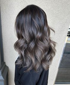 Ash Dimensional Brunette, Black Ashy Balayage, Dark Ashy Brown Hair With Highlights, Cool Toned Balayage On Dark Hair, Dark Hair Balayage Straight, Smokey Brown Balayage, Ash Brunette Hair Dark, Ashy Black Hair Balayage, Mushroom Brown Highlights On Dark Hair