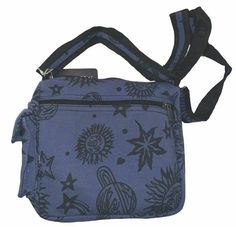 Yak & Yeti Blue Universe Planet Cross Body Bag This "Universe" Cross Body Bag with the Sun and Stars is the perfect size for all your journeys. It is sturdy and stylish, being a great choice for all ages!. It features one inside zippered pocket, Zippered front pocket and Zipper Closure. Small outside velcro side pocket. Adjustable and Detachable shoulder strap 100% Cotton ~ Made in Nepal 9" x 9" Trendy Blue Satchel Canvas Bag, Blue Casual Satchel, Casual Blue Canvas Bag With Adjustable Strap, Casual Blue Satchel For Daily Use, Casual Blue Satchel Shoulder Bag, Casual Blue Shoulder Bag Satchel, Casual Blue Shoulder Satchel, Blue Canvas School Bag With Pockets, Blue Canvas Satchel Bag With Pockets