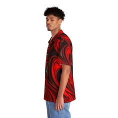 Step into a bold fashion statement with our Men's Raging Heart Hawaiian Shirt. This unique shirt is crafted from a blend of 95% polyester and 5% spandex, providing a comfortable fit and a medium-weight feel. The design features a vibrant, psychedelic-themed Raging Heart print that effortlessly captures the spirit of a Hawaiian vacation on red. It's complete with a full-button front for easy wear and versatility. Whether you're heading to a beach party or a casual day out, this shirt is sure to m Casual Fitted Camp Shirt With All Over Print, Modern Fitted Printed Tops, Fitted Casual Camp Shirt With Graphic Print, Fitted Black Short Sleeve Shirt With Graphic Print, Fitted Printed Red Shirt, Red Fitted Printed Shirt, Fitted Red Printed Shirt, Fitted Black Shirt With All Over Print, Fitted Shirt With Sublimation Print For Streetwear