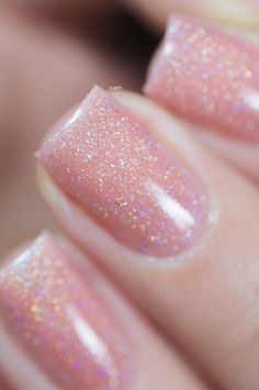 Sweet Pea - Seashell Pink Holographic Sheer Jelly Nail Polish by ILNP Pink Sparkle Manicure, Micro Glitter Nails, Sheer Pink Glitter Nails, Jelly Dip Powder Nails, Light Pink Glitter French Tip Nails, Pink Sparkle Dip Nails, Sparkly Jelly Nails, Baby Pink Sparkle Nails, Light Pink Sparkle Nails