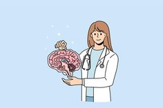 a female doctor holding a human brain in her right hand and pointing it at the viewer