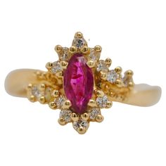 A retro ring is always the perfect accessory. This bright pink marquise sapphire is accented with a starburst of brilliant round diamonds. It is such a precious ring you can layer or wear on its own bringing so much life! It can be sized up or down. Metal: 14K Yellow Gold Stones: Pink Sapphire and Diamonds Diamond CT: 0.21ctw Color / Clarity G / Si1 Dia Shape: Round Gem: Pink Sapphire CTW: 0.46 Shape: Marquise Gram Weight: 4.29g Marquise Sapphire, Precious Rings, Marquise Ring, Retro Ring, Pretty Rings, Sapphire Diamond, Vintage Diamond, Pink Sapphire, Bright Pink