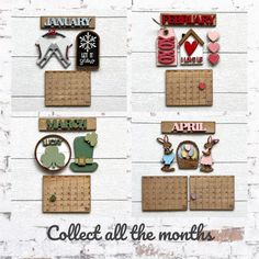 several wooden calendars with different designs on them