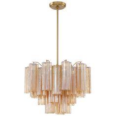 a chandelier made out of glass and gold colored metal with five lights hanging from the ceiling