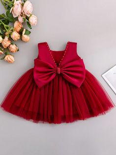 Burdeos  Collar sin mangas Tejido Transparente Liso A línea,Entallado y acampanado Embellished No-Elástico Todo Infant Dresses For Wedding, Blue Mesh Dress, Red Tutu Dress, Dress With Big Bow, Tulle Decorations, Red Tutu, African Dresses For Kids, Teal Dress