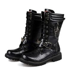 These Stylish Black Men's Moto Boots Come In A Standard Size 9 Men's Boots. These Are Such A Edgy Statement Boot For That Stylish Man. Wide Rounded Boots With Silver Embellishment. They Look Even Better Then The Picture. Firm Price/ Not Negotiable Black Motorcycle Boots, Military Motorcycle, Mens Motorcycle Boots, Military Combat Boots, Leather Motorcycle Boots, Black Desert, Punk Boots, Desert Fashion, Winter Leather Boots