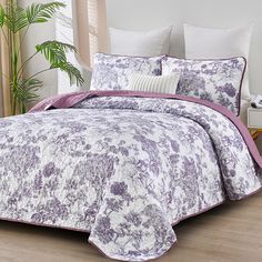 a bed with purple and white comforters in a room next to a plant on the floor