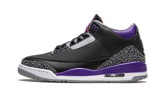 The Air Jordan 3 “Court Purple” is an unofficial nod to the Phoenix Suns as the colorway appears dressed in the team’s uniform colors. One of Jordan Brand Holiday 2020 releases, the “Court Purple” design of Michael Jordan’s third signature shoe features a black tumbled leather upper with purple leather accenting on the collar and on the plastic eyelets. The model’s classic elephant print detailing appears on the mudguard and toe cap. Elsewhere, orange borders the Court Purple embroidered ... Jordan Iii, Black Cement, Jordan 3 Retro, Air Jordan 3 Retro, Air Jordan 3, Jordan 3, Womens Basketball, Mens Trainers, Mens Basketball