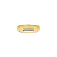 A solid 14K gold signet ring featuring a baguette diamond. Baguette measures approx. 7mm-9mm. Signet Engagement Rings, 14k Gold Signet Ring, Sapphire Engagement Ring Halo, Big Engagement Rings, Diamond Signet Ring, Diamond Baguette, Trending Engagement Rings, Baguette Diamond Rings, Colored Engagement Rings