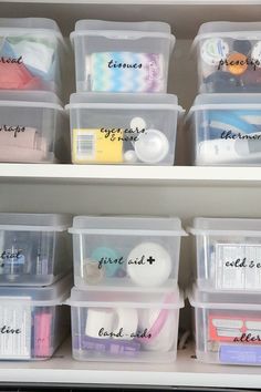 the shelves have plastic containers with labels on them that say it's not easy to organize