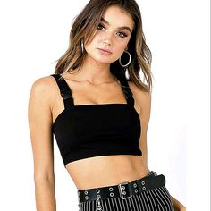 "Buckle Up" In This Black Crop Top With Buckle Straps. Exact Measurements Are Posted In Pic Above. Trendy Black Crop Top With Straps, Black Tank Straps Crop Top For Club, Black Crop Top With Tank Straps For Club, Black Crop Top With Tank Straps For Night Out, Chic Black Crop Top With Tank Straps, Black Crop Top With Adjustable Straps For Party, Chic Black Crop Top With Straps, Strap Crop Top, Black Crop Top