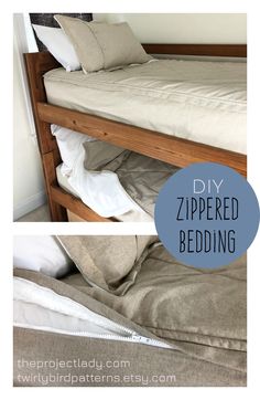 a bed that has been made into a diy zipped bed frame with pillows on top