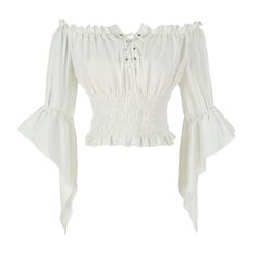 a white blouse with ruffles on the shoulders