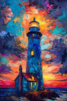 a painting of a lighthouse at sunset with colorful clouds in the sky and water behind it