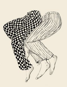 an ink drawing of a man in checkered pajamas jumping into the air with his arms stretched out