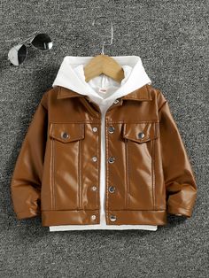 Brown Casual Collar Long Sleeve Polyester Plain Other Embellished Non-Stretch  Toddler Boys Clothing Toddler Jacket, Pu Jacket, Stylish Winter Outfits, Toddler Boy Outfits, Boys Jacket, Boys Clothing, Toddler Boys, Boy's Clothing, Rain Jacket