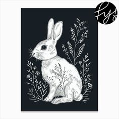 a black and white drawing of a rabbit sitting in the middle of some plants on a dark background